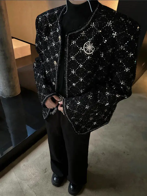 

Men's Faion Urban Thiened Woolen Coat Autumn Winter ort Sle Embroidered Glitter Plaid Sli oulder Pad Design