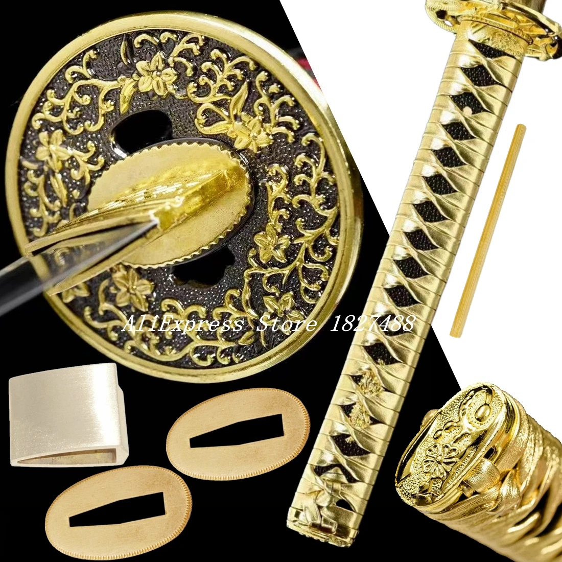 

26CM Leather Ito Wrap Handle Tsuba Menuki Fuchi Kashira Habaki Seppa For Real Katana Japanese Samurai Sword Set Fittings