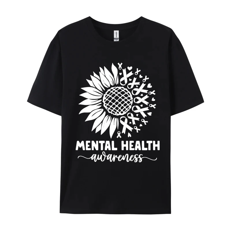 Mental Health Awareness Green Sunflower Tshirts Men Clothes Premium Cotton T-Shirt Tee Graphic Tshirts