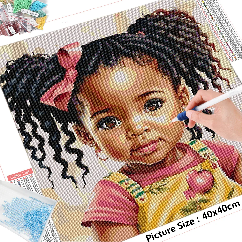 HUACAN Diamond Mosaic African Girl Cross Stitch Painting Full Square Round Portrait Picture Rhinestones Embroidery Decor Home view 2