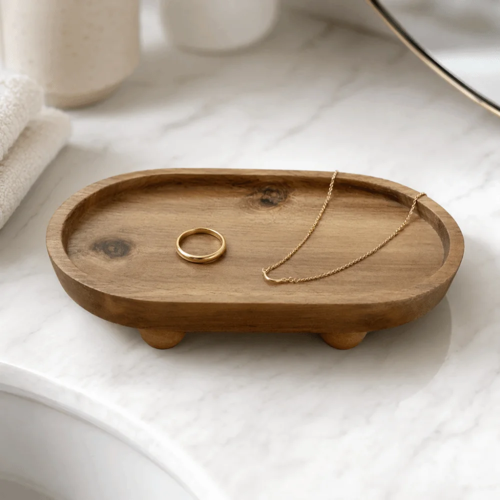 Wooden Oval Elevated Display Tray Brown 1.77in Tabletop Jewelry Candle Storage Riser Tray Farmhouse Style Wooden Decorative Tray
