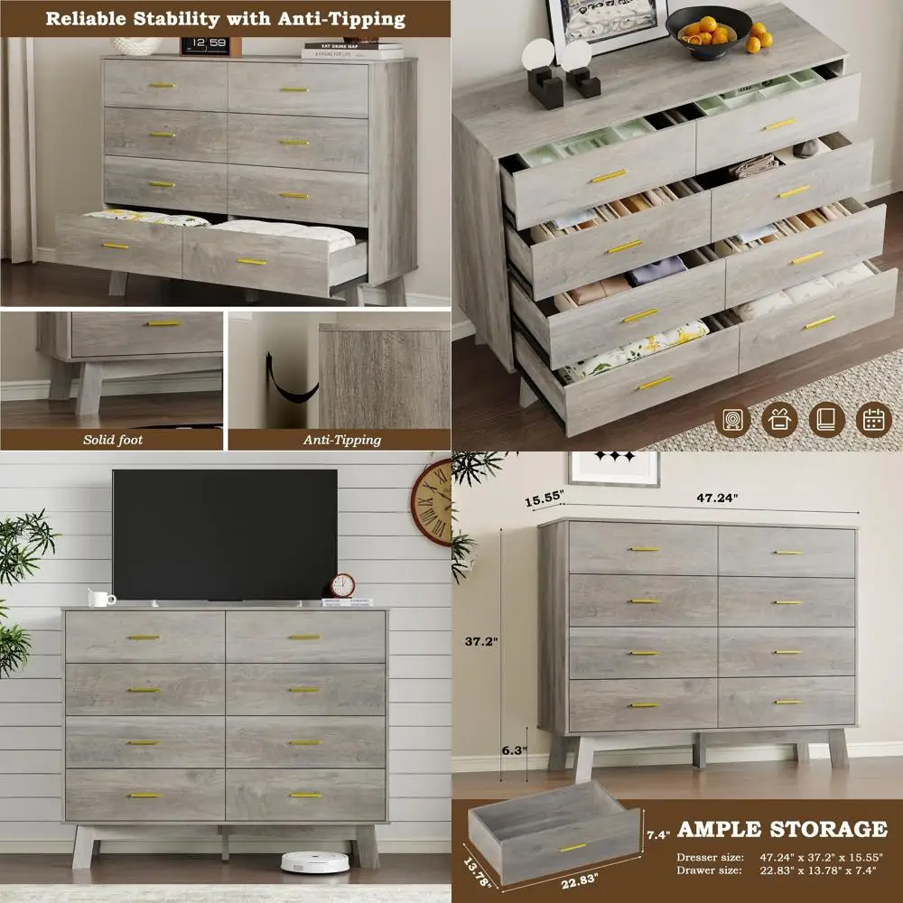 

8-Drawer Tall Chest with Metal Handles, X-Base & Adjustable Leg, Anti-Tip Closet Storage Organizers
