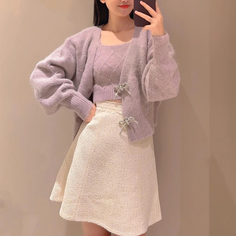 2024 Japan Style Chic Sweet Knitwear Two Piece Sets Bow Diamonds Button C-neck Cardigan Sweaters Slim Fit Camisole Women Suit