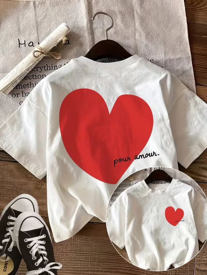 Pour Amour Large Back Heart Print T-shirt Women Casual Streetwear Daily Wear Cute Love Graphic Double Sided Short Sleeve Tops