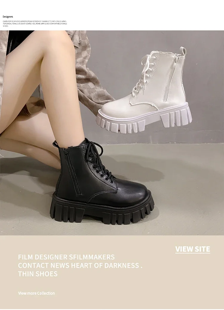 2024 White New Women Ankle Boots Autumn Winter Platform Zipper Women Punk Boots Thick Sole Lace Up Combat Booties Female Mujer