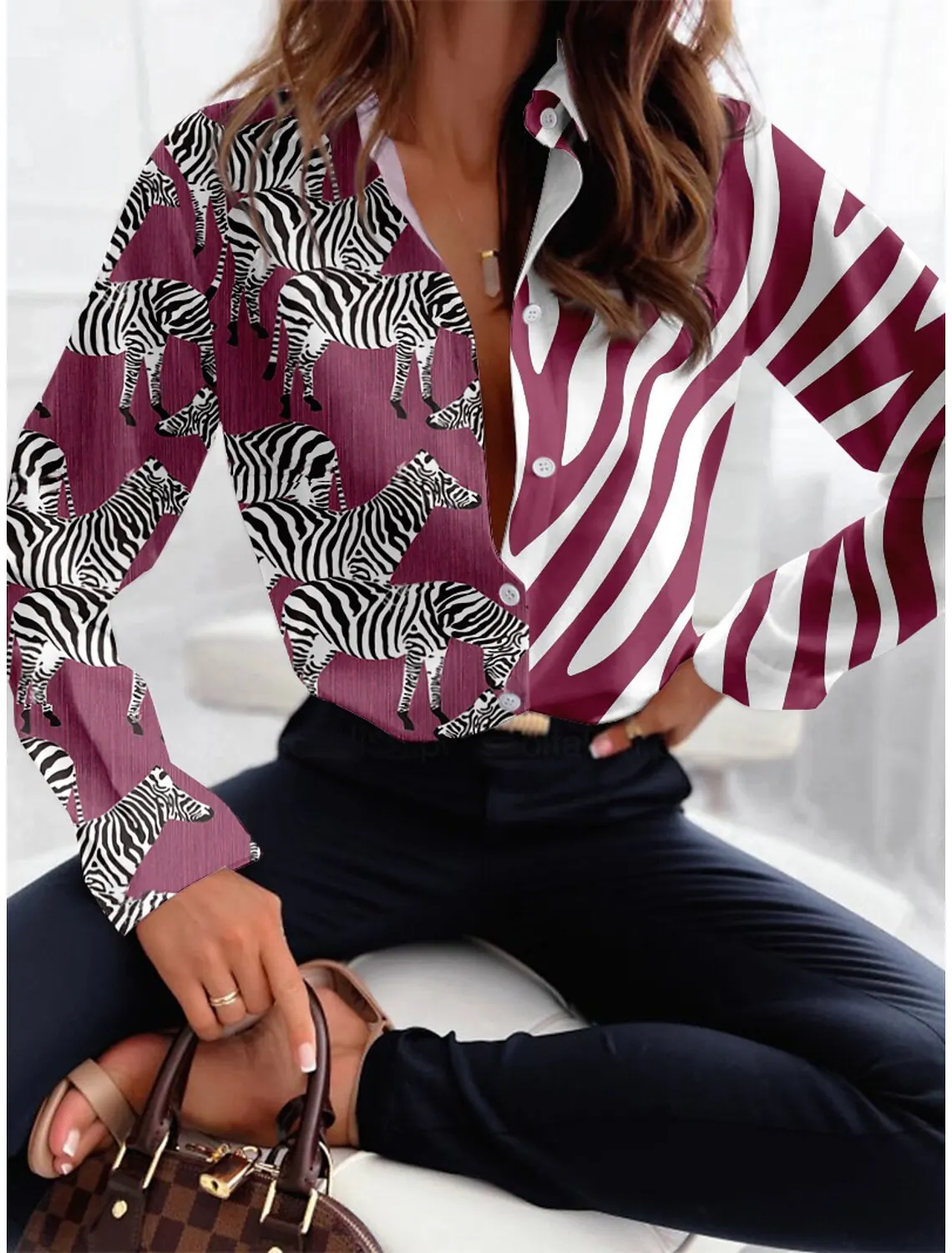 Mcdv Vintage Loose Zebra Textured Women\'s Shirts Fashion Lapel Long Sleeve Office Ladies Shirts and Tops Women\'s Clothing 2024