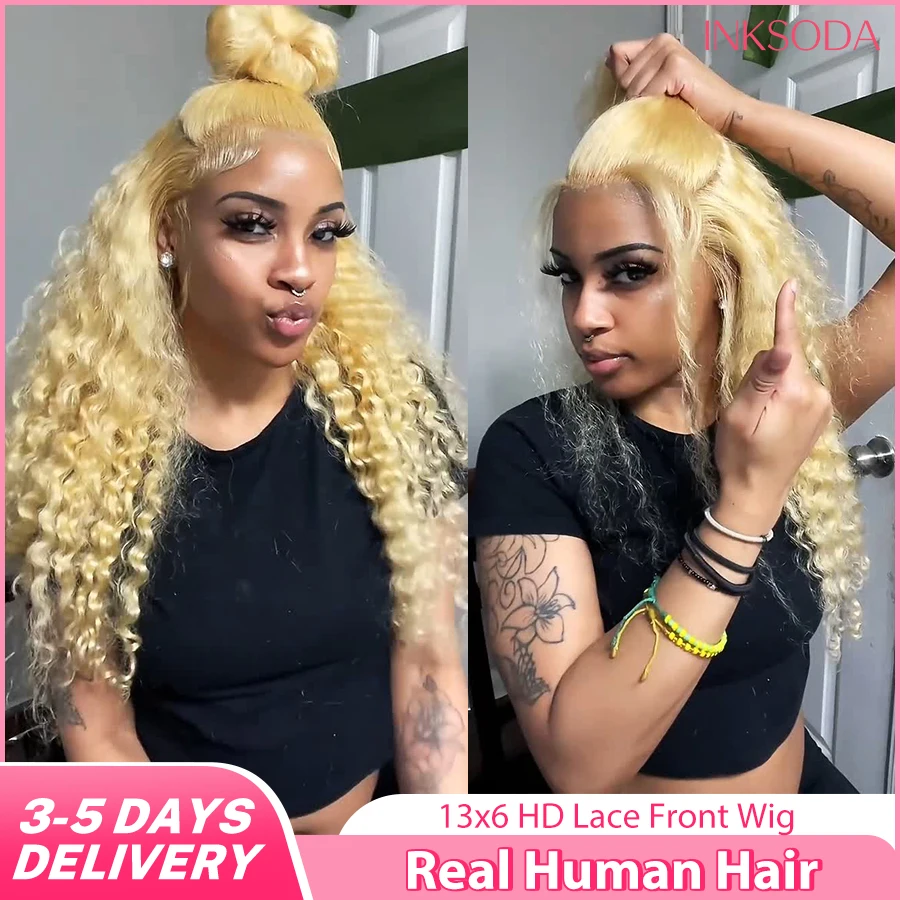

220% Density Curly Deep Wave Human Hair Wigs 613 Blonde 13x4 13X6 HD Transparent Lace Frontal Wig Real Human Hair Pre Plucked Brazilian Wigs For Natural Look Human Hair Wigs For Women 613 Colored Human Hair Wigs