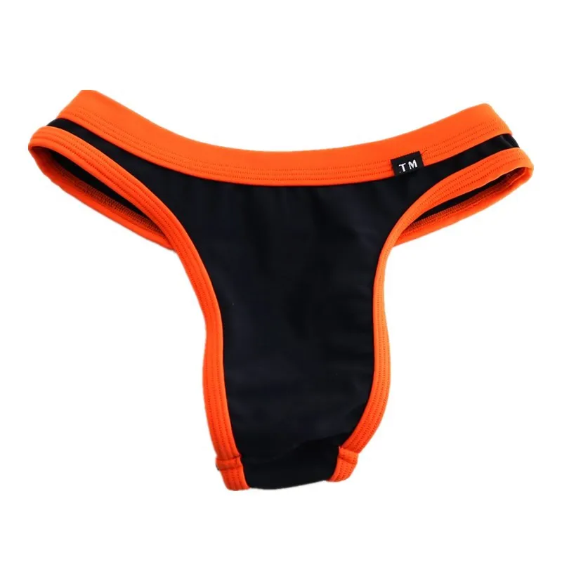 

Men's Ice Silk G String Thong, Contrast Orange Trim Low Rise No Pouch High Elastic Sexy Male T-back Underwear