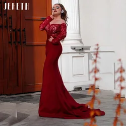 JEHETH Red Sexy Mermaid Stretch Crepe Lace Evening Dress Formal Off Shoulder Long Sleeves Sweetheart Prom Party Gown Sweep Train