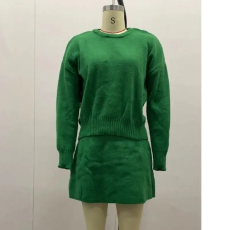 Elegant Women's Sets Knitwear Autumn Winter Solid O-neck Pullover Long Sleeve Mini Skirts Set Woman Loose Casual Sweater Lady