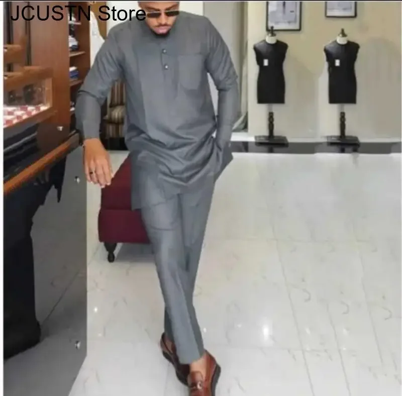 Moda Casual Blu Navy 2 pezzi Camicia e pantaloni Outfit Big Size 3XL 4XL Elegante streetwear Abiti eleganti tradizionali da uomo africano