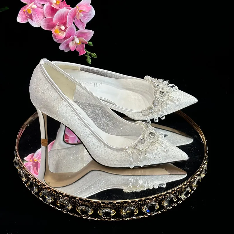 

Wedding shoes for women new main wedding dress with skirt bridal shoes rhinestone chain white high heels mesh fairy single shoes