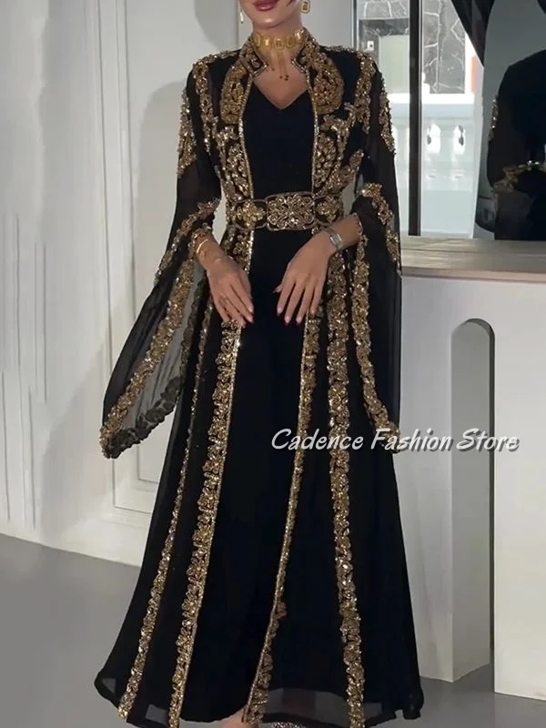 맞춤형 블랙 시크 투피스 여성용 이브닝 드레스 신상 우아한 골드 스팽글 레이스 인서트 롱 프롬 드레스