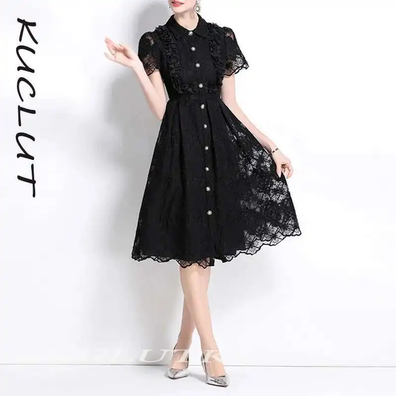 

KUCLUT 2025 New Lace Hollow Out Women's Dress Ruffle Fashion Elegant Singl-breasted Short Sleeve Dresses Female Trendy K172