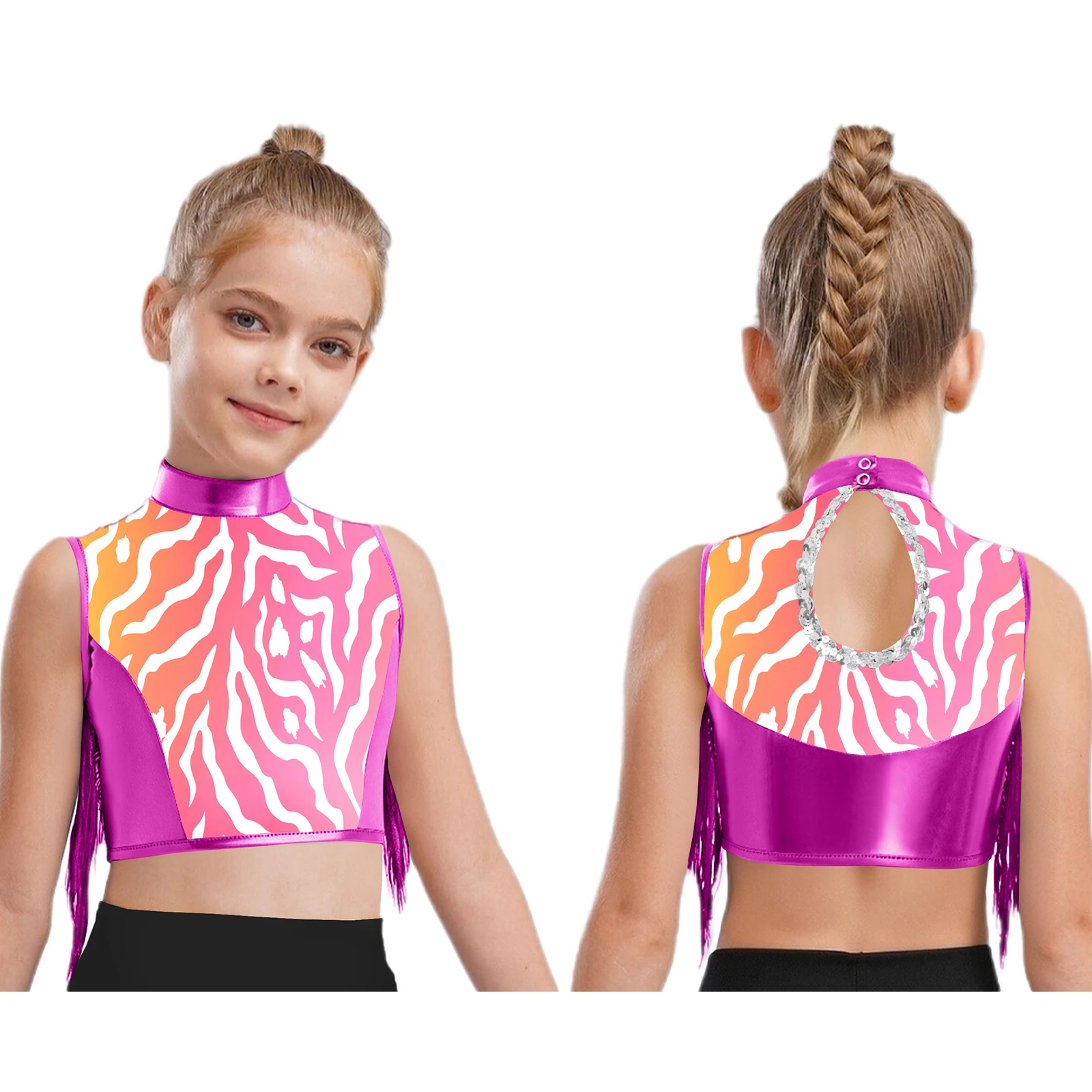 Haut court de danse Jazz Hip-hop pour enfants filles, sans manches, trou de serrure au dos, à rayures zébrées, pour spectacle de fête dansante, spectacle sur scène, 2025