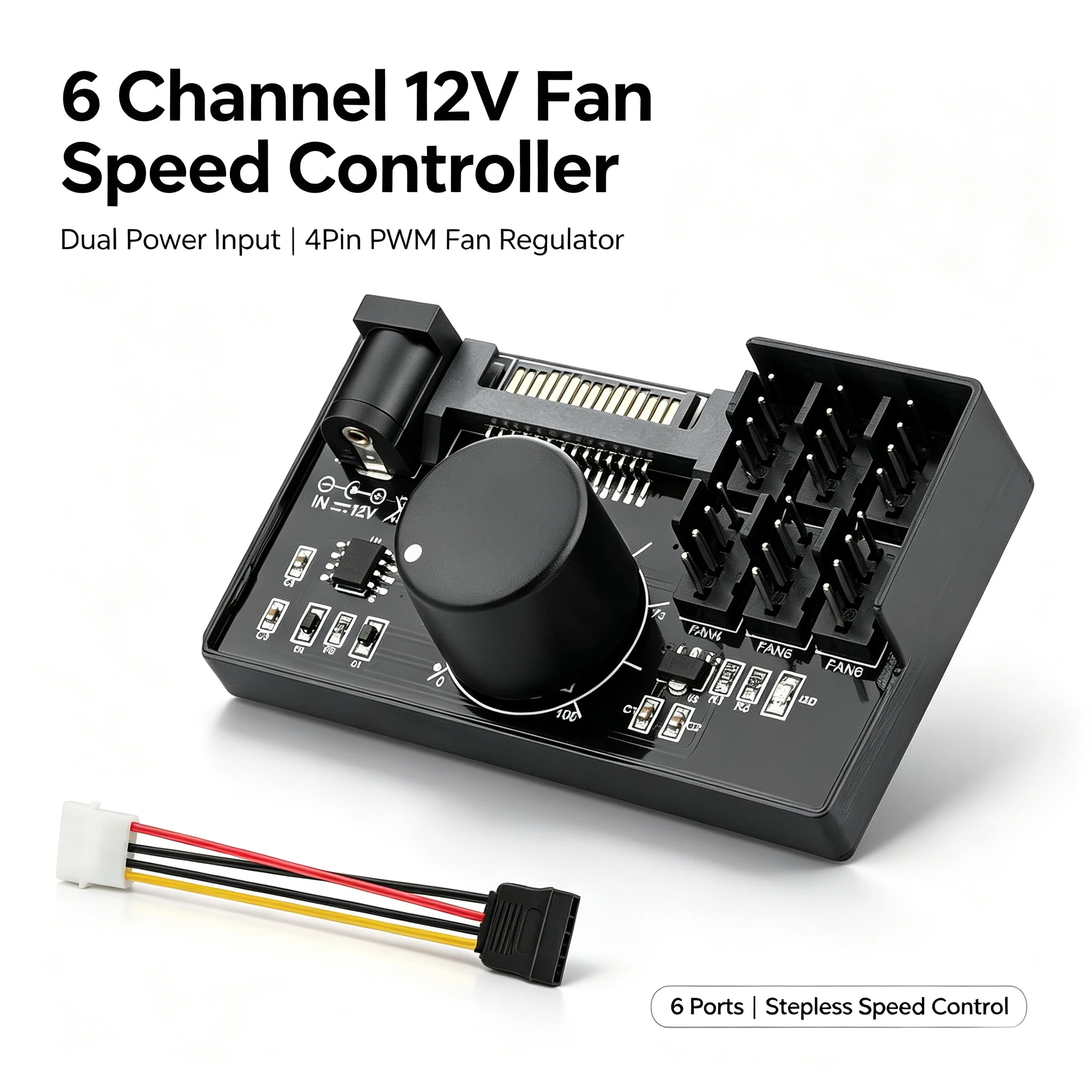 

PWM Fan Controller 6 Fans Supported , PC Fan Adapter Hub Powered by SATA and DC 5525, Cooling Fan Speed Knob with Max Total 60W
