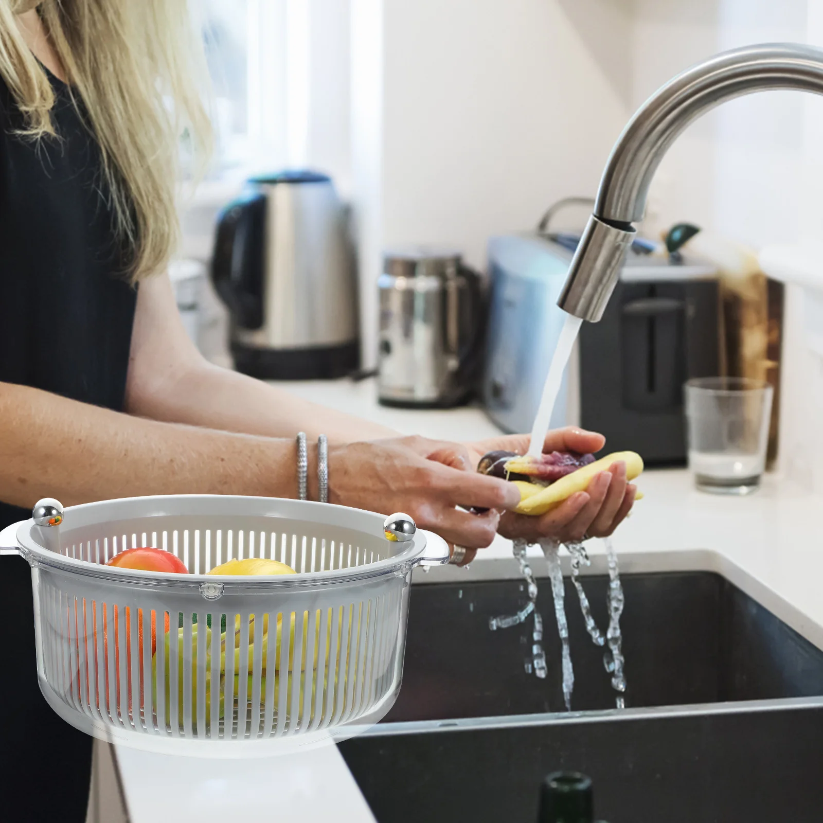 

Вращающаяся двухслойная корзина для слива овощей, многоразовый дуршлаг для мытья фруктов, кухонный сито, держатель для хранения