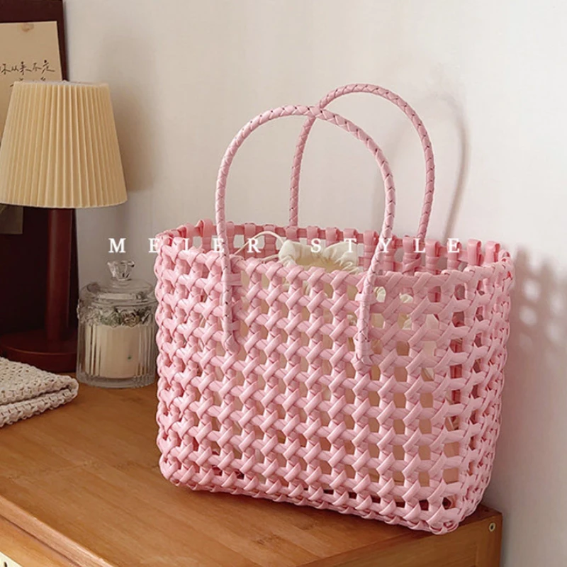 

Dopamine Vitality Pvc Woven Hollow Handbag Durable With Lined Basket Bag Leisure Large Capacity Multi Functional Shopping Bag