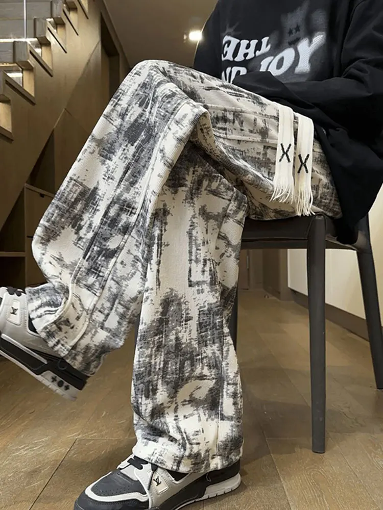 

Белые брюки-джинсы свободного кроя с эффектом тай-дай для мужчин, в стиле хип-хоп, спортивные, прямые, длинные, осенние, для подростков