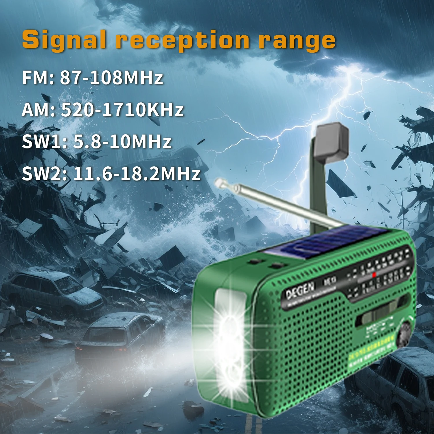 DEGEN DE13 Radio di emergenza portatile meteo FM AM SW ricevitore carica a manovella solare con torcia sveglia Power Bank