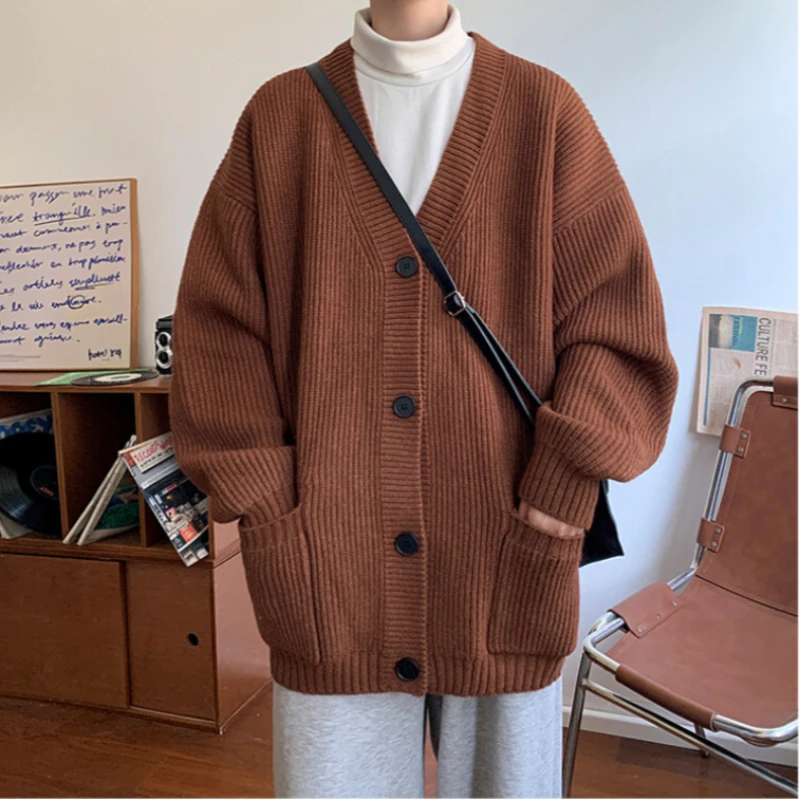 Giacca maglione di lana con scollo a V cardigan stile coreano, maglione di lana sciolto casual monopetto a maniche lunghe alla moda