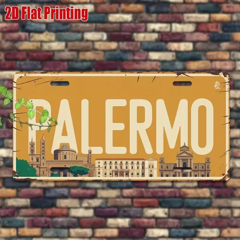2D Flat -One Vintage Metal Sign from Palermo, Italy - Symbol of The Sicily Region And The Colors of The Italian Flag, Large
