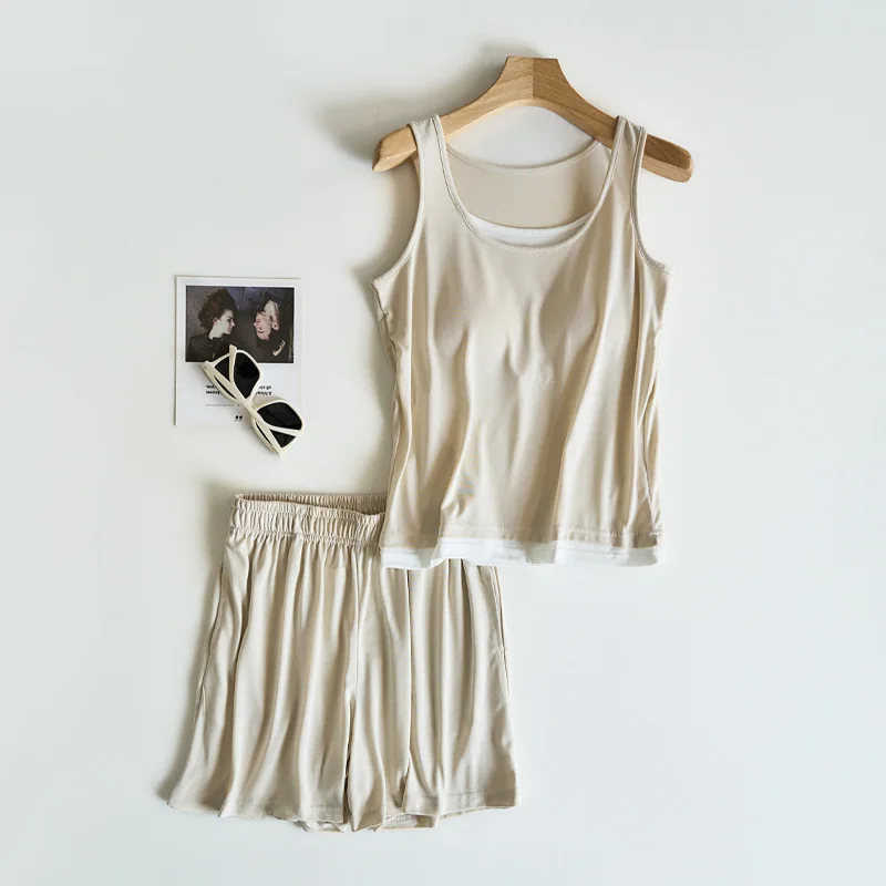 Summer Pajamas Modal Two-Piece Pijama Sleeveless Sleepwear Women's Home Clothes With Chest Cup Pyjama Set Night Wear Female