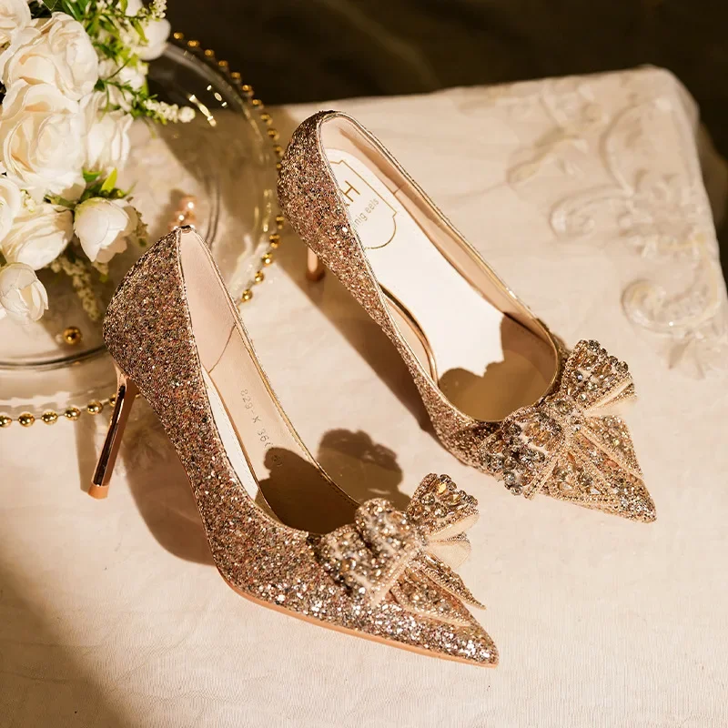 2024 Autumn Luxury Pointed Toe Pumps Sequined Rhinestone Butterfly Women heels Gold Silver High Heels Party Wedding Shoes