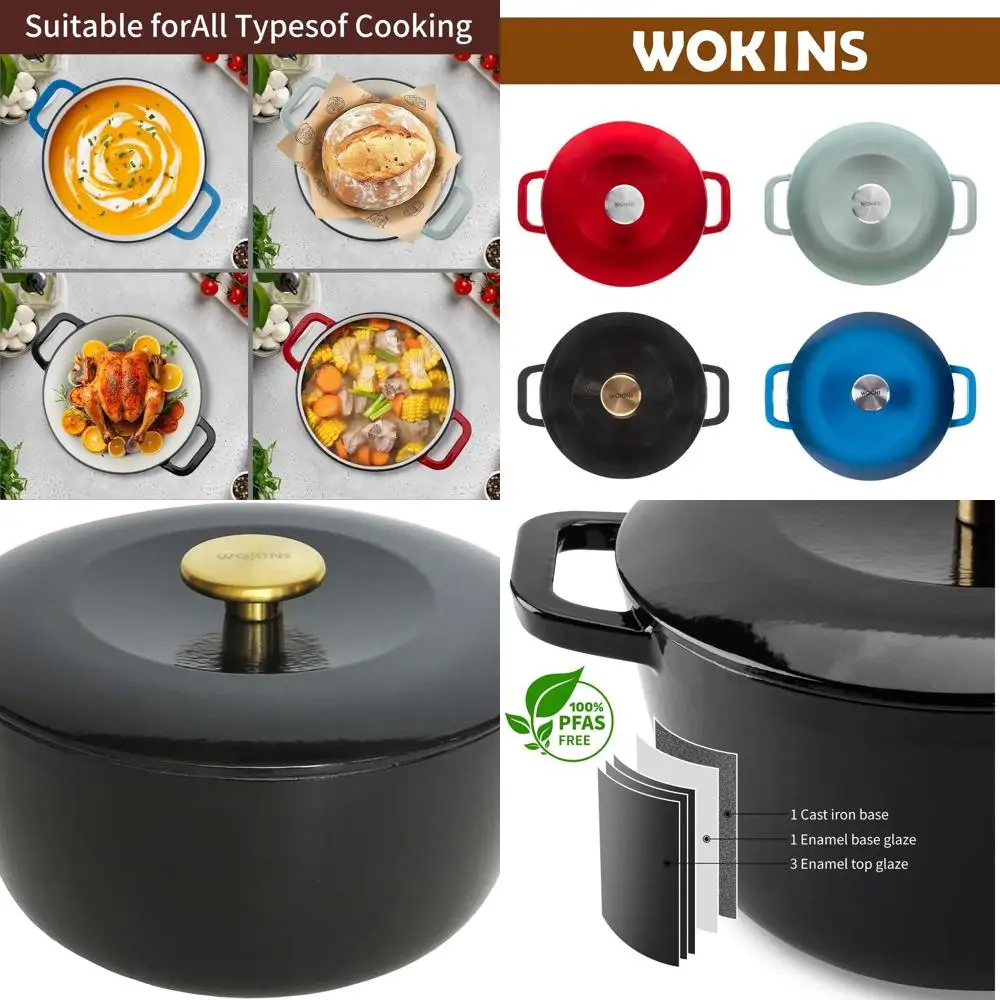 

Heavy-Duty 7QT Black Cast Iron Dutch Oven with Dual Handles, Ideal for Baking Sourdough, Braising, Stews, Roasting, Oven Safe to