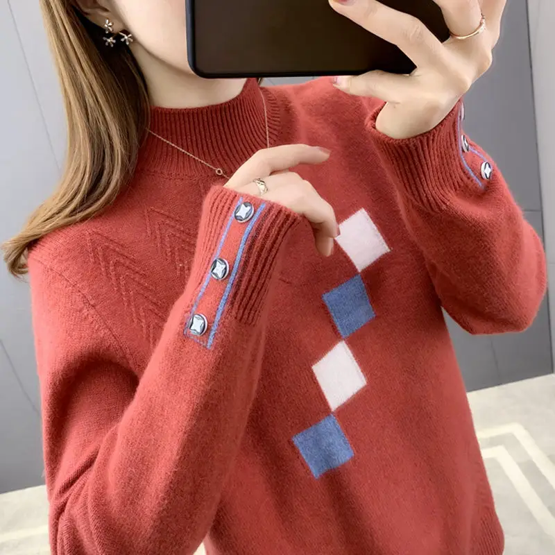 Fashion Half High Collar Knitted Button Korean Sweater Women Clothing 2022 Autumn New Oversized Casual Pullovers Loose Warm Tops