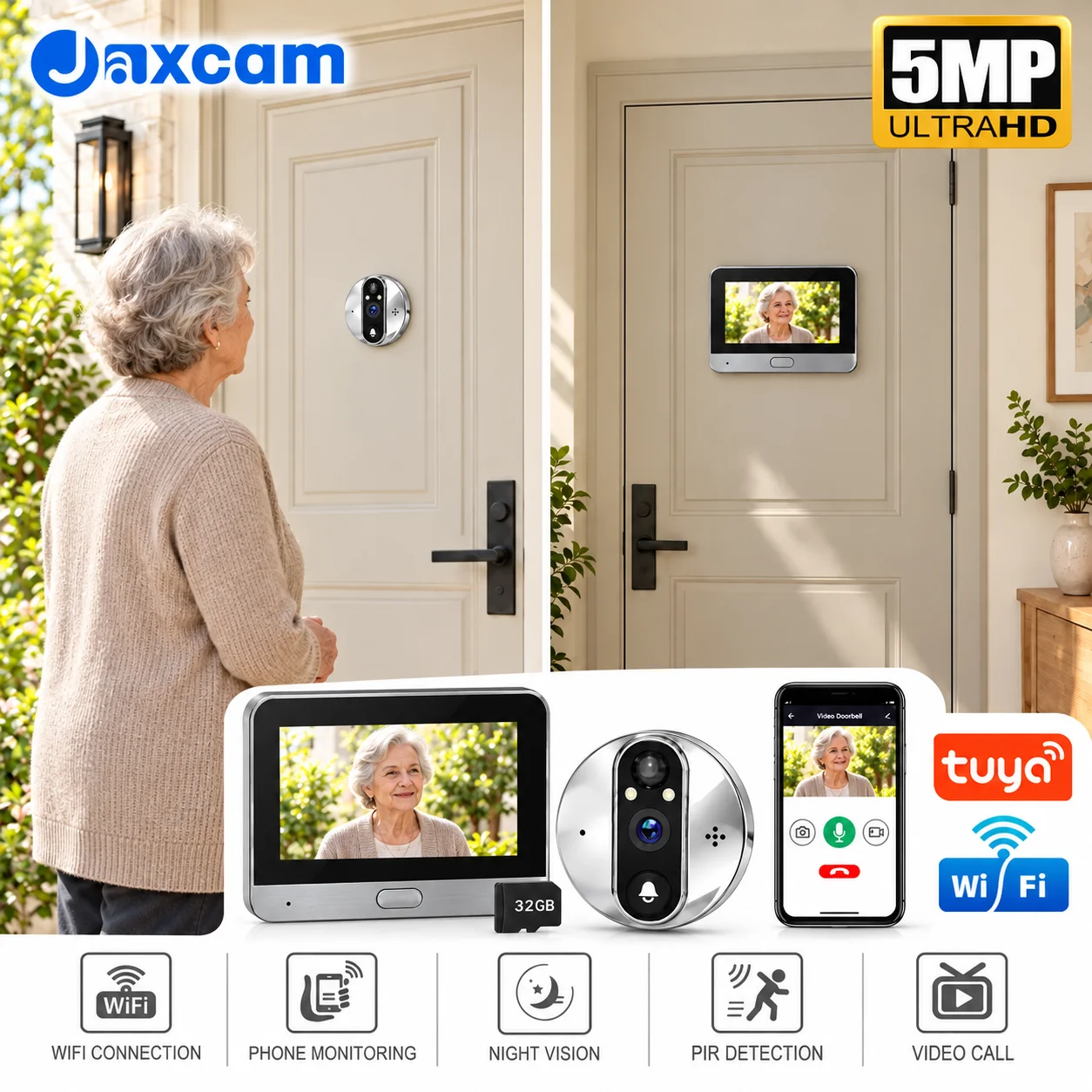 Video Doorbell 2-Way Talk Smart 5MP WiFi Battery Power Door Bell Magic Cat Eye Peephole Camera PIR FHD 4.3 inch Digital Viewer