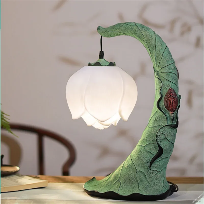 RONIN Contemporary Lotus Table Lamp Chinese Retro Living Room Bedroom Study Tea Room Villa Hotel  Art Decorative Desk Light