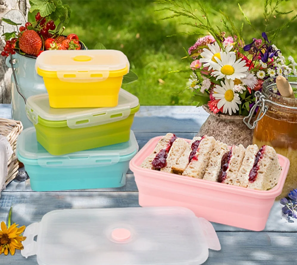 4Sizes Silicone Collapsible Lunch Box Food Storage Container Colorful Microwavable Portable Picnic Camping Rectangle Outdoor Box