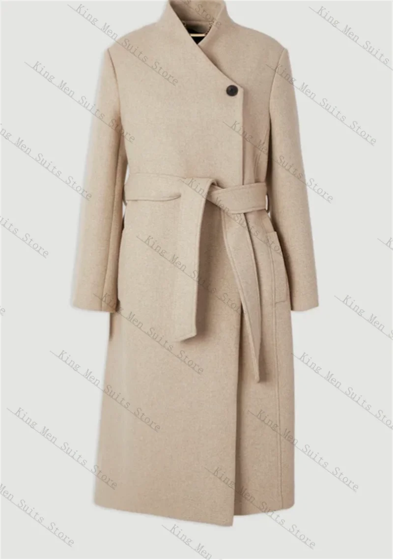 

Cashmere Beige Women Suit 1 Piece Long Blazer Belted Wool Prom Dress Customized Winter Formal Office Guest Wedding Tuxedos Coat