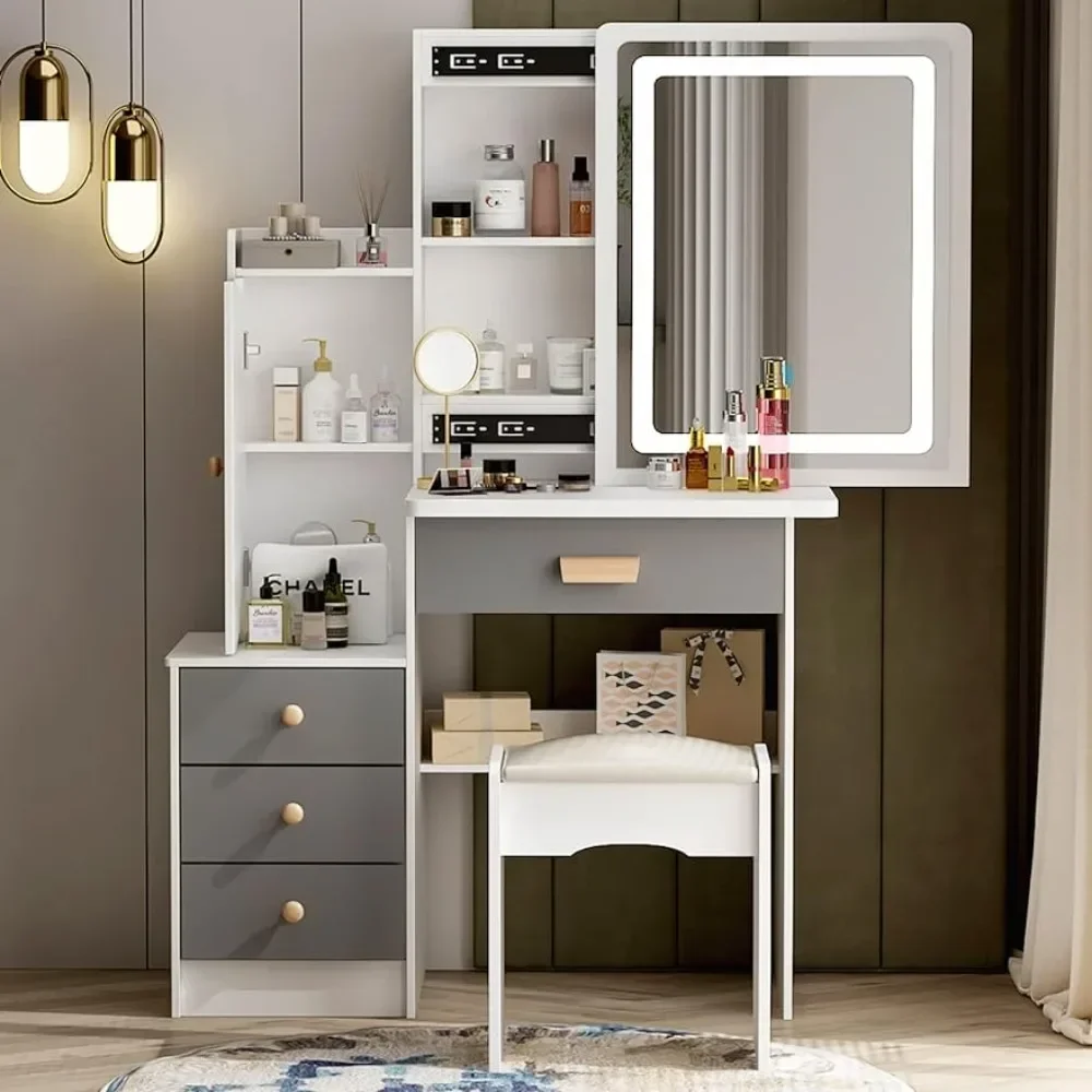 

Dressing Table with Mirror, 4 Drawers and Shelves, Dressing Table and Ottoman Set