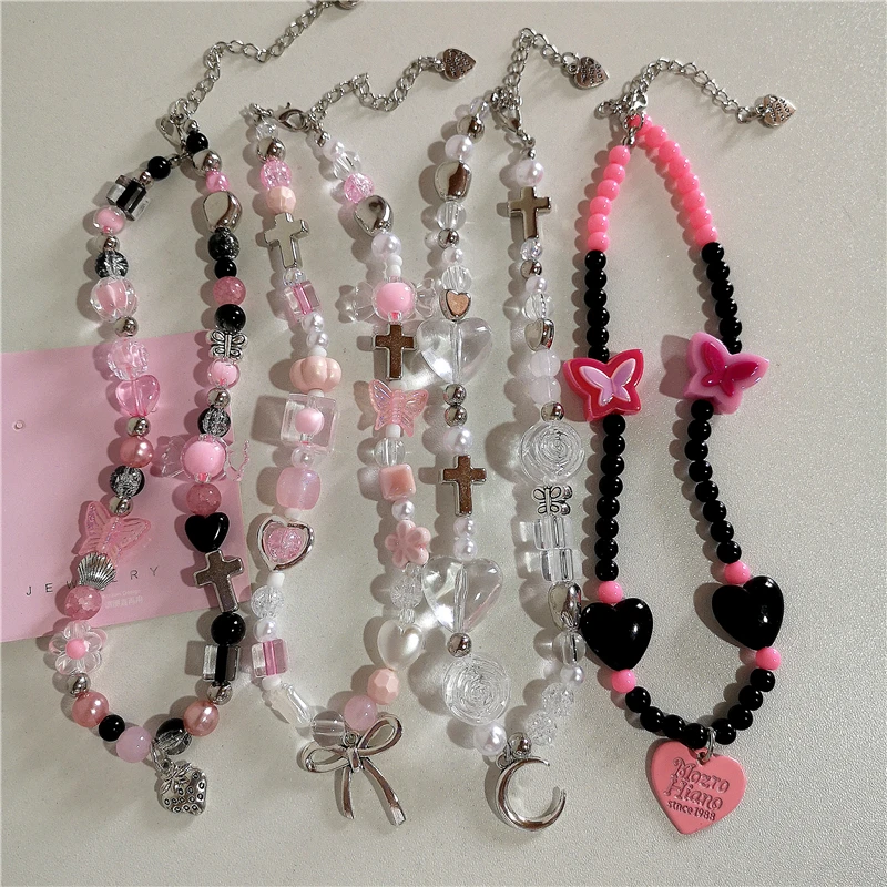 Kpop Goth Pink Cute Bowknot Love Cross Strawberry Bead Necklace Neck Decoration Grunge Y2k EMO 2000s Aesthetic Scene Accessories