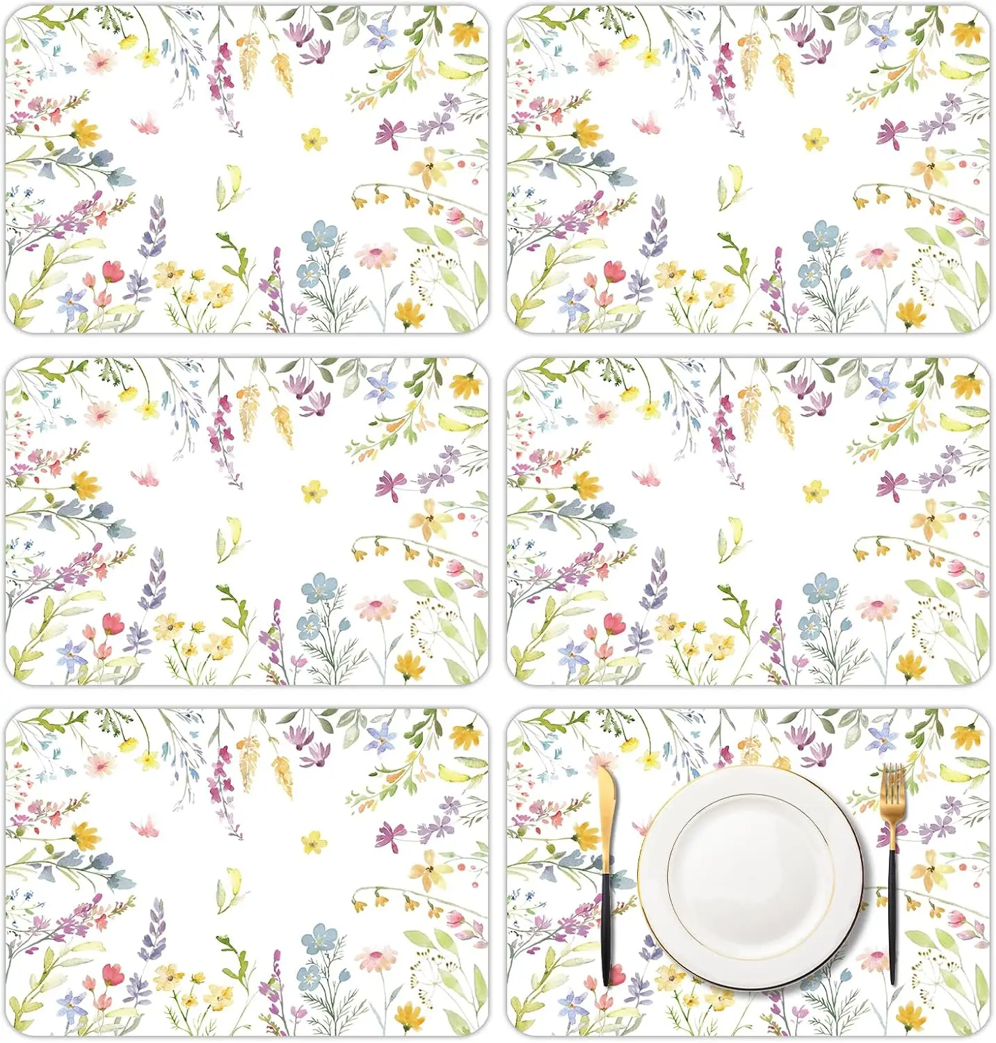 

Набор из 6 пластиковых салфеток с цветочным акварельным рисунком, 11x16 дюймов, для весенних и летних мероприятий, свадеб, дней рождения, домашнего декора