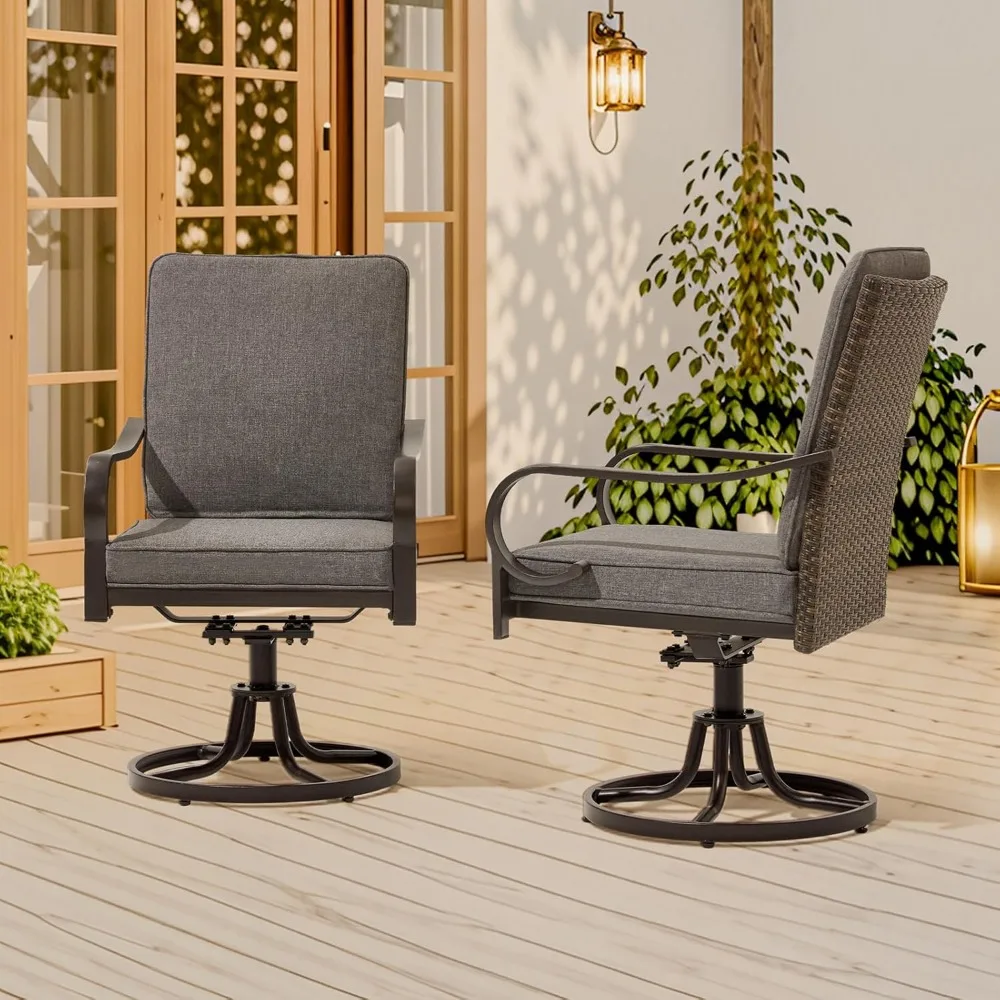 Juego de 2 sillas giratorias para patio, sillas de comedor para exteriores con cojines gruesos, sillas de mimbre con balancín suave para porche, jardín,