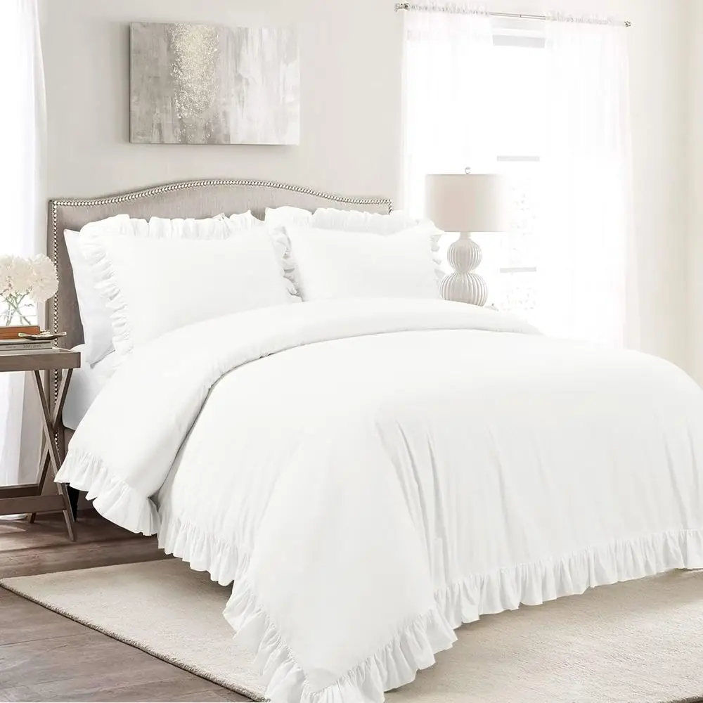 King Size Cotton Duvet Cover Set - 3 Piece White Bedding Ensemble - Ruled Pattern Decor