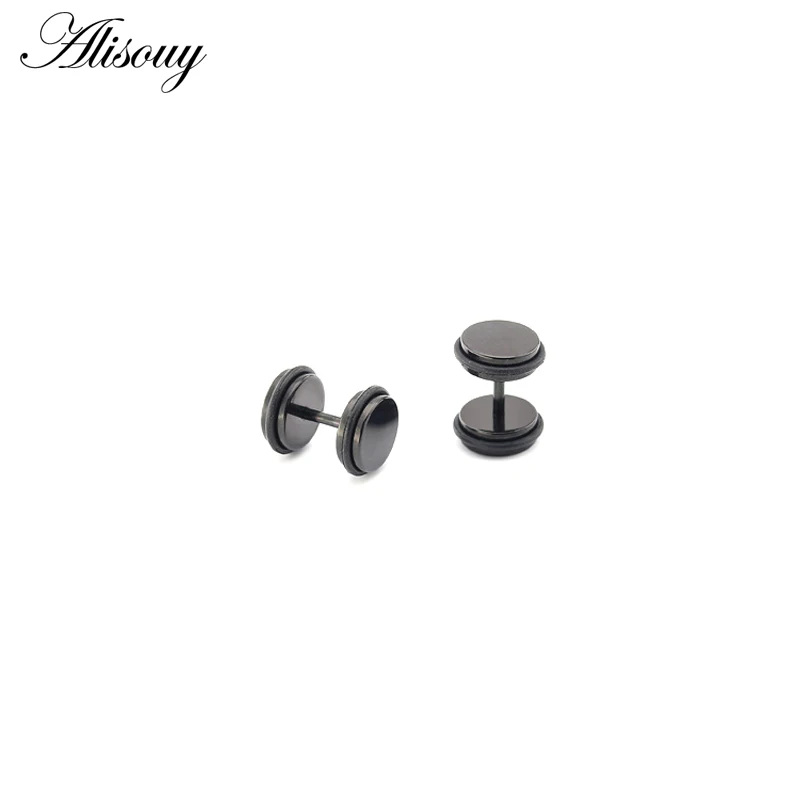 Alisouy 2Pc Stainless Steel Fake Ear Plugs Screw Round Barbell Earring With O rings Ear Expander Earrings Body Jewelry Men Women