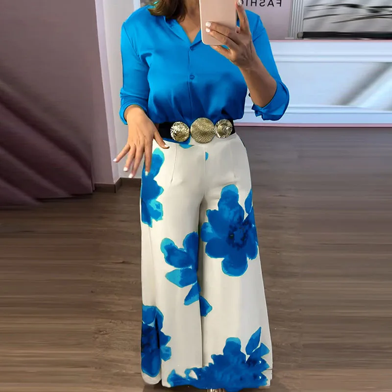 

Элегантный офисный комплект с широкими брюками с высокой талией, новый осенний свободный профессиональный наряд, повседневный костюм-рубашка с длинными рукавами и принтом