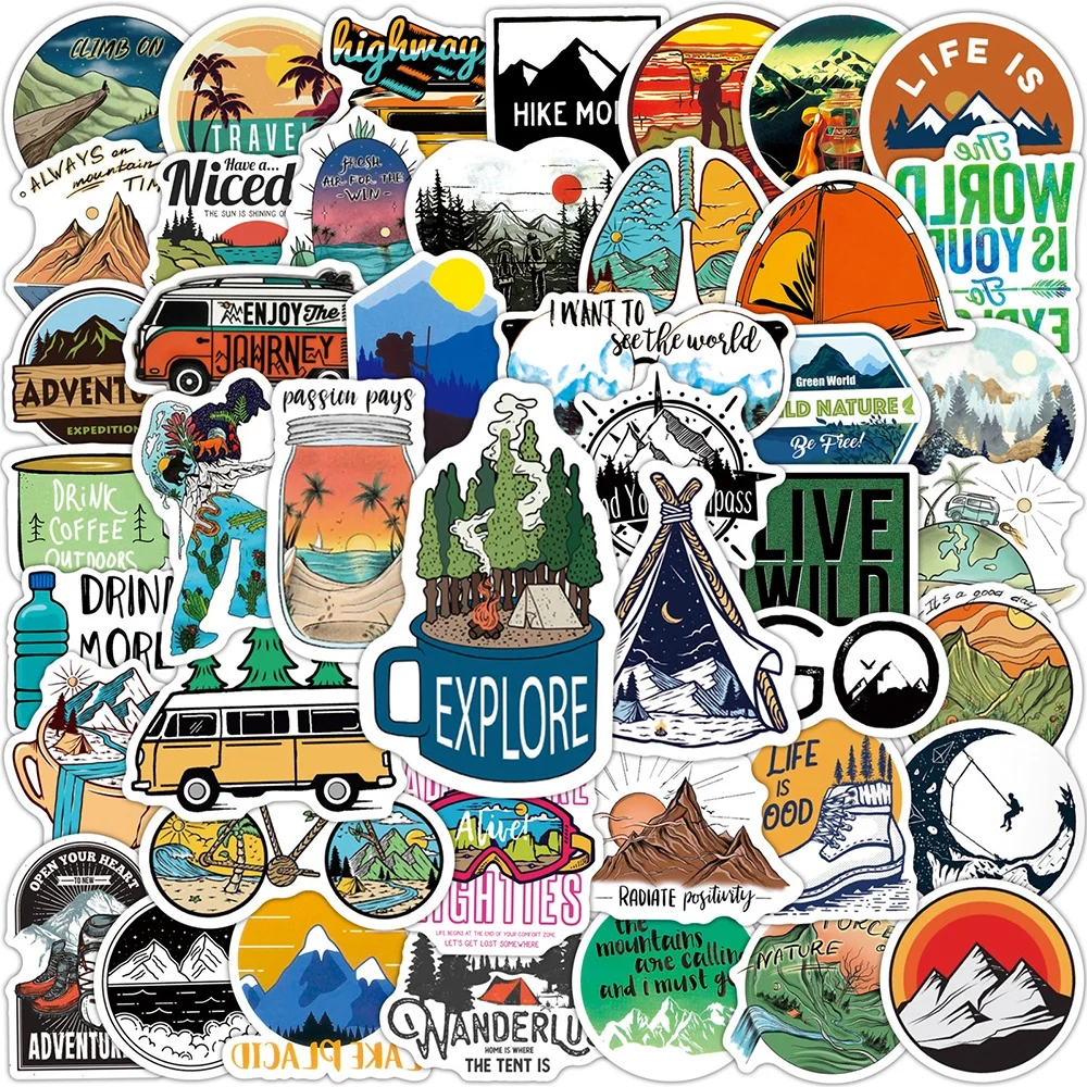 50 Stück Outdoor-Abenteuer Bergsteiger-Aufkleber Laptop Gitarre Gepäck Wasserdichte Graffiti-Sticker Aufkleber Papierähnlicher Pop-Store