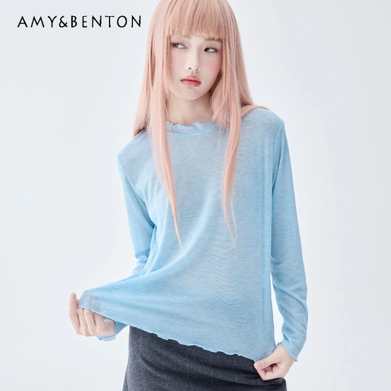 

Осенняя новая женская нижняя рубашка с синим кружевным воротником и длинными рукавами для колледжа, универсальная утягивающая футболка оригинального дизайна, женская футболка