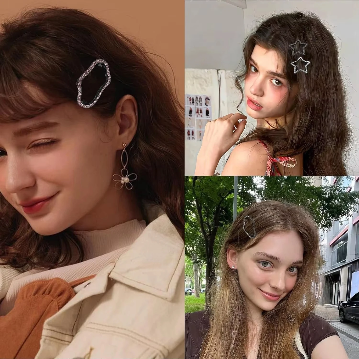 4Pcs Fashion Shiny Rhinestone Hair Clips, Simple Five-Pointed Star/Heart/Wave Hair Accessories, Snap-On Hair Clips Headdress view 3