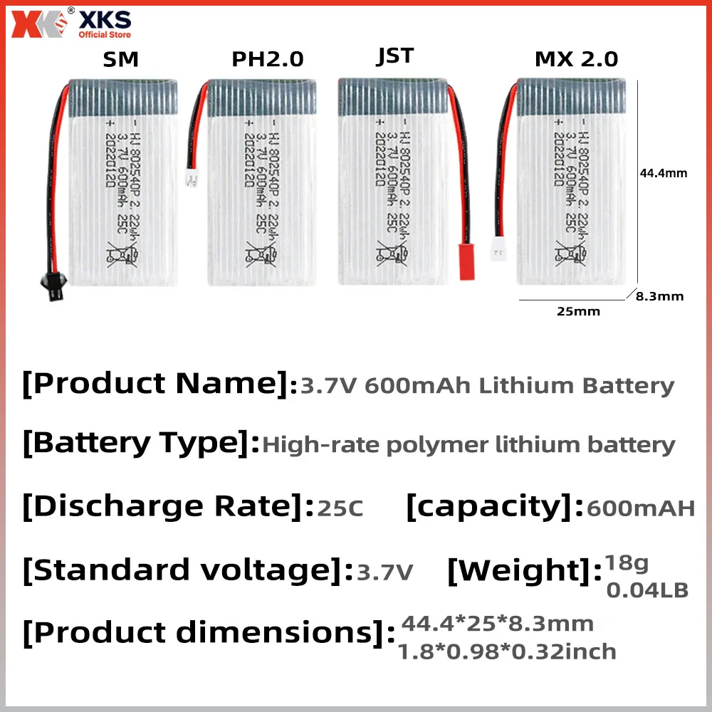 XKS 3.7V 600mAh Lipo  Battery 25C high-rate  model aircraft 802540P Drone Replacement Battery for Quadcopter MX2.0 PH2.0 JST SM