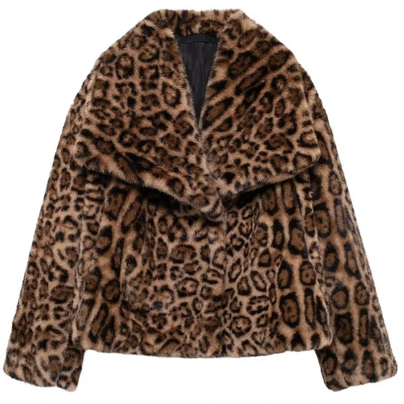 Loose Artificial Fur Jackets Leopard Print Fashionable Turn Up Neck Long Sleeve Women's Winter Outerwear Street Style Top Jacket