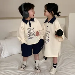 2024 New Brother Sister Costumes Boys Fashion Pullover Turn-down Collar Tops Solid Shorts Girls Cartoon Cute Dress Bear Dresses