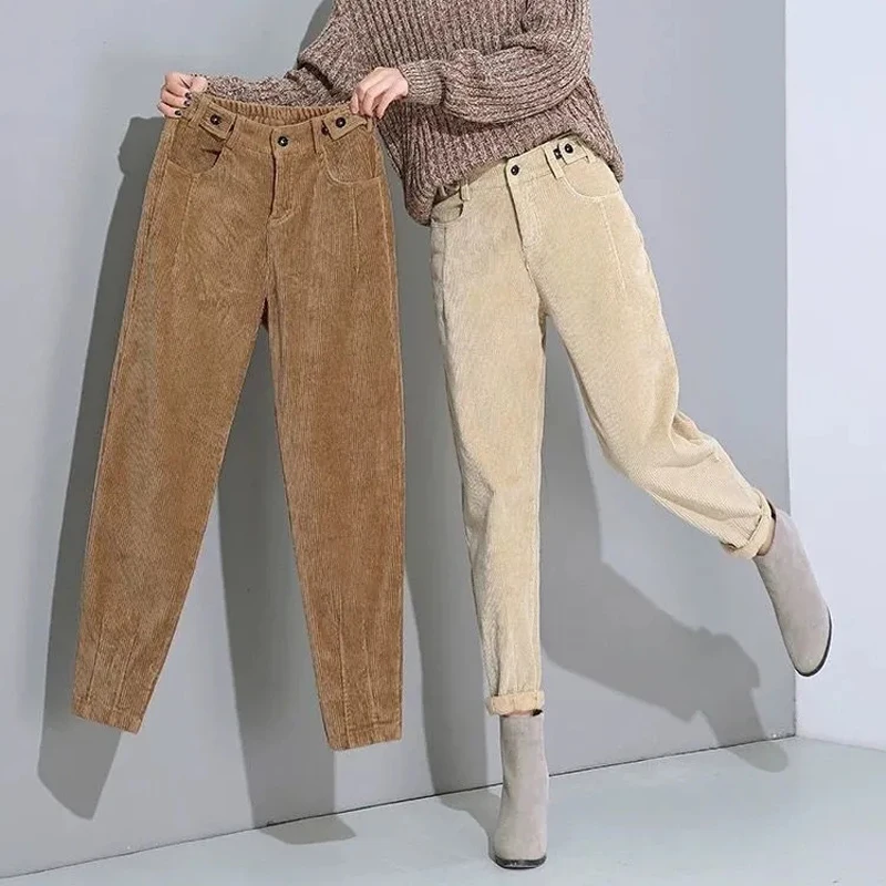 

2023 New Winter Fashion High Waist Women's Corduroy Trousers Loose Solid Casual Button Trousers Women's Velvet Warm Pants