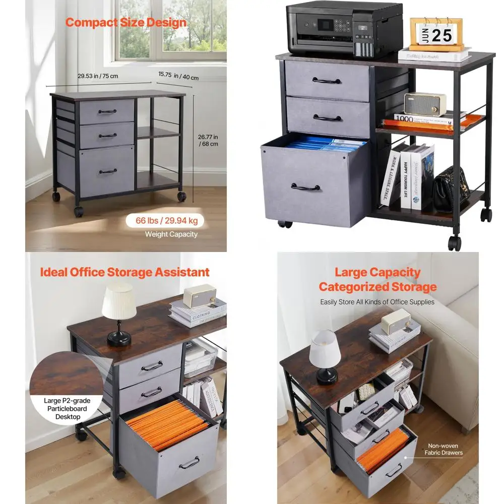 

Коричневый деревянный мобильный шкаф для документов с 3 тканевыми ящиками, 2 полками для файлов формата Letter/A4/Legal