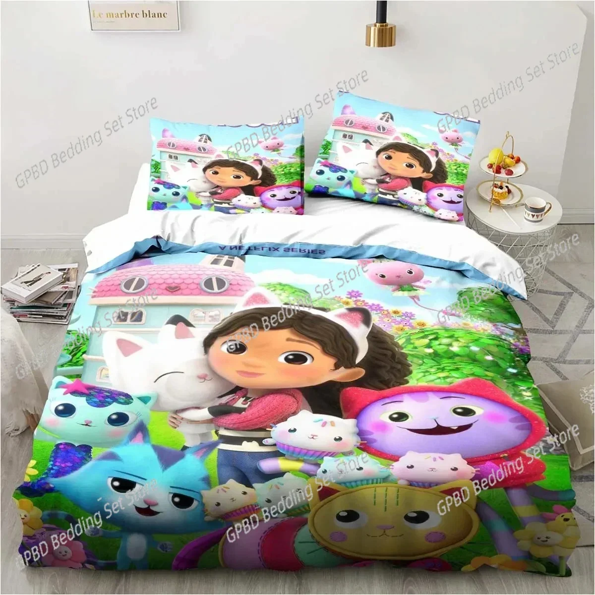 Cartoon Gabbys Dollhouse 3D Bedding Set Duvet Cover Pillowcases Single Twin Full Queen King Size Home Decor Quilt Boys Gift Quil
